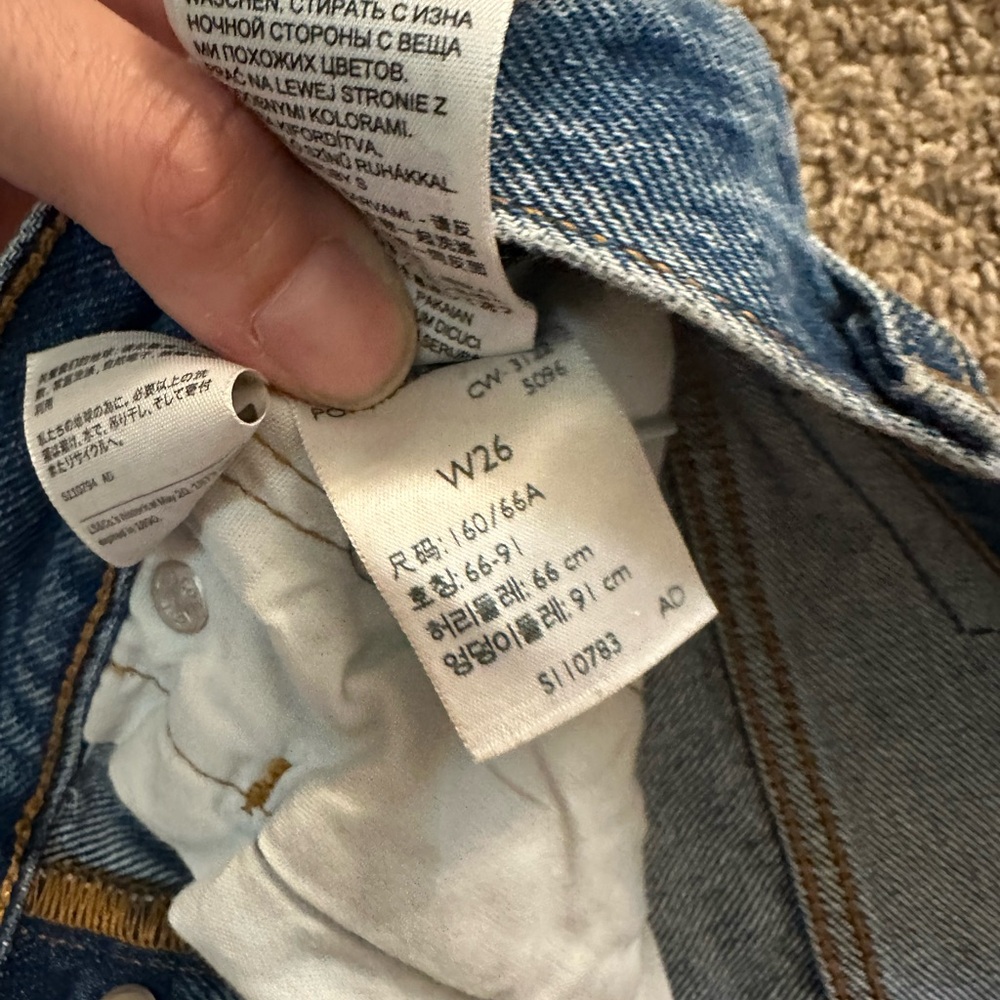 Levi's Medium Blue Button-Front Distressed Jean Shorts - Picture 3 of 3